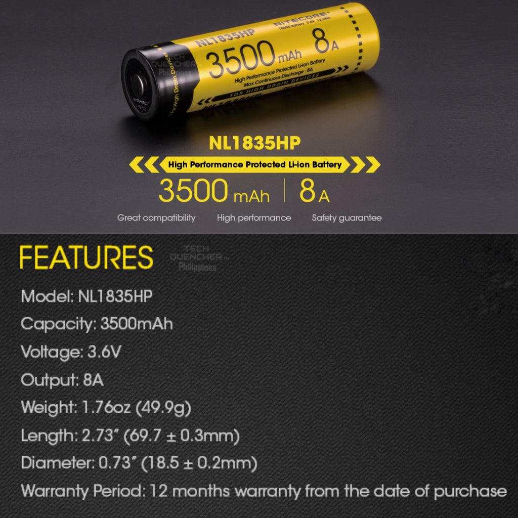 Nitecore NL1835HP Battery - 3500mAh 8A 18650 High Performance Protected Li-ion Rechargeable Battery