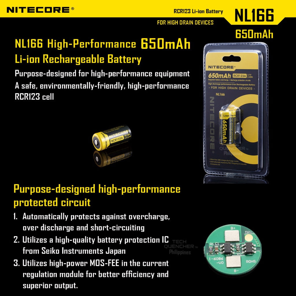 Nitecore NL166 RCR123A 16340 Battery 650mAh 4A High Drain Protected Li-ion Battery